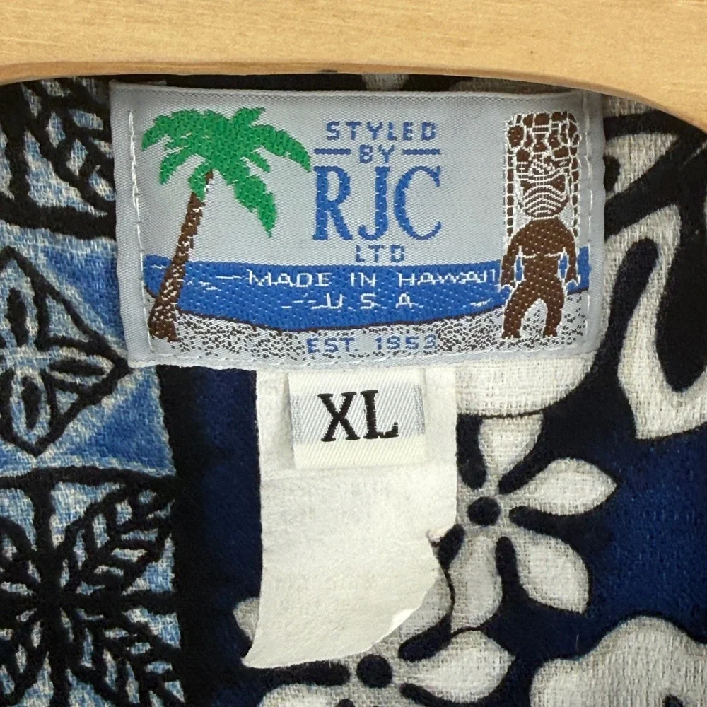 RJC Hawaiian Shirt Mens XL Blue White Hibiscus Surfboard Made in Hawaii USA